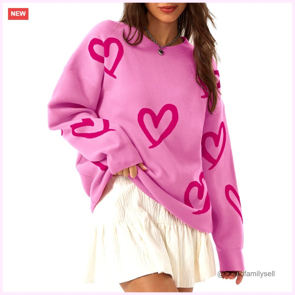 Oversized Heart Print Pullover Sweater Crew Neck Long Sleeve Knit Y2K Cute